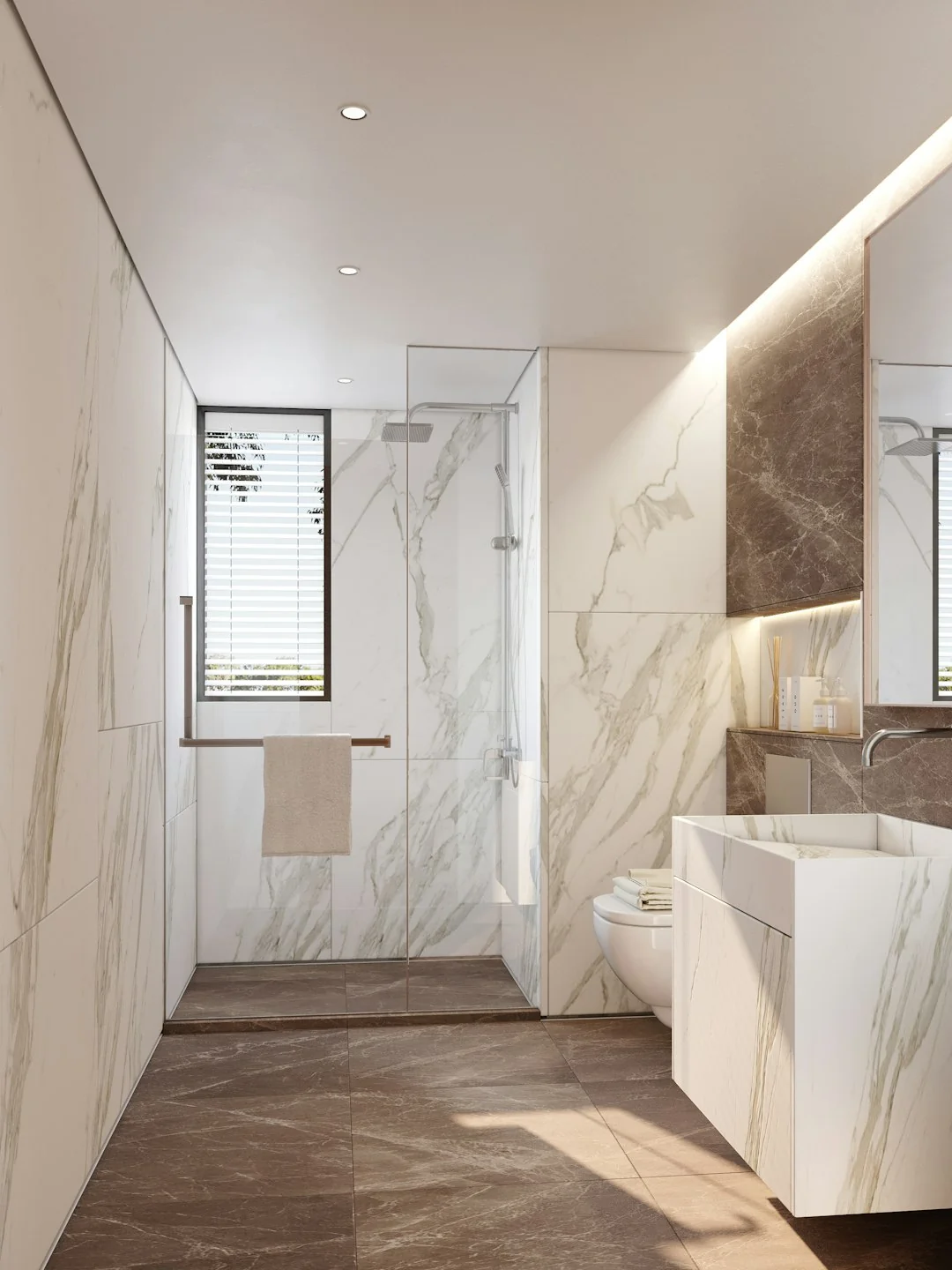 Side view of young male employee holding stack of white towels while standing in bathroom of luxury hotel